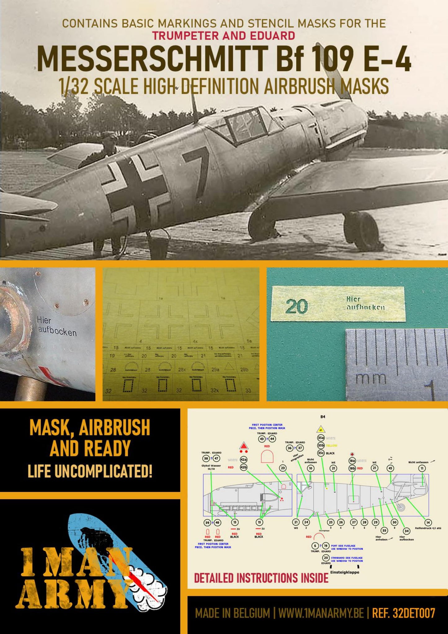 1ManArmy Eduard/Trumpeter Messerschmitt Bf 109 E-4 1/32 Basic Markings & Stencil High-Definition Paint Masks, 32DET007