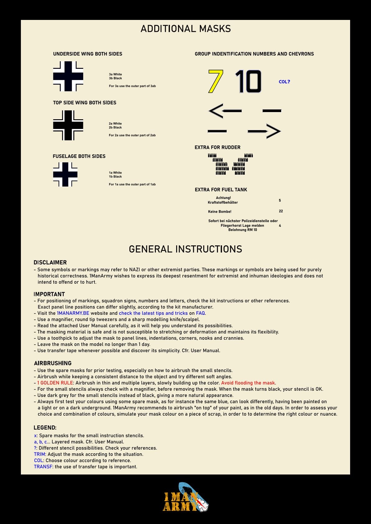 1ManArmy Eduard/Trumpeter Messerschmitt Bf 109 E-4 1/32 Basic Markings & Stencil High-Definition Paint Masks, 32DET007