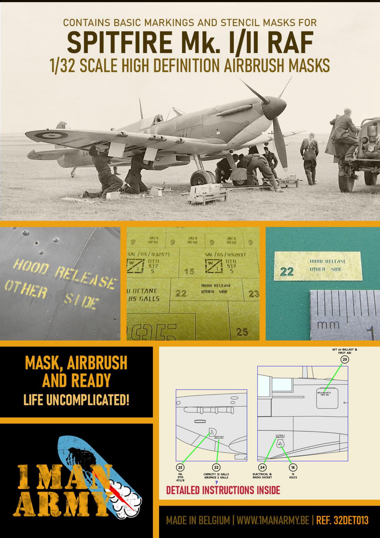 1ManArmy Spitfire Mk.I/II RAF 1/32 Basic Markings & Stencil High-Definition Paint Masks, 32DET013