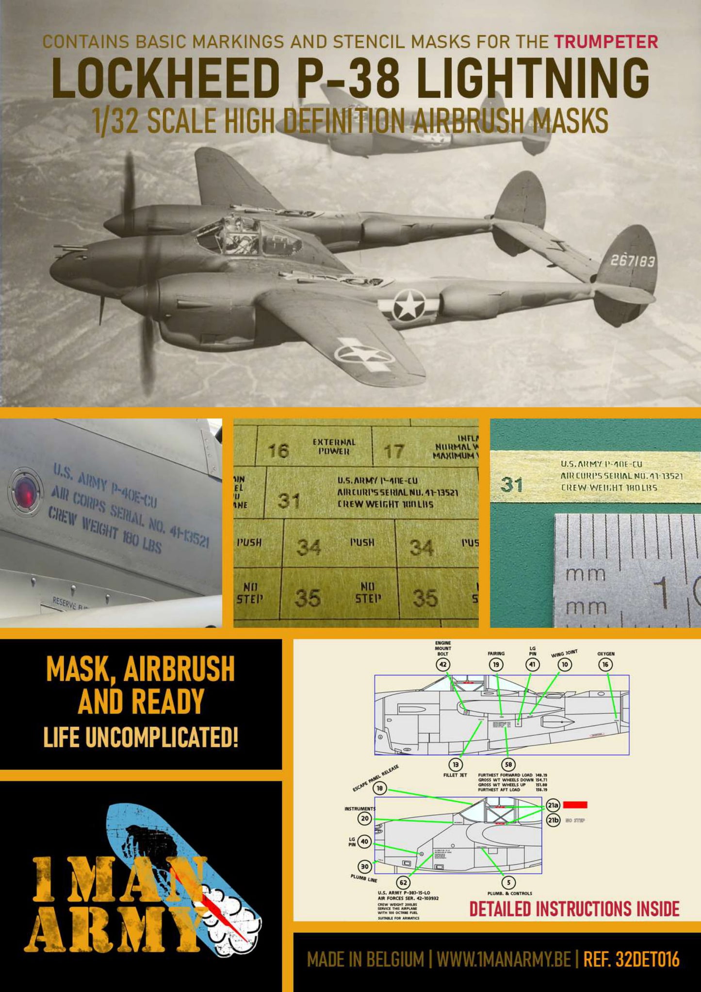 1ManArmy Trumpeter Lockheed P-38 Lightning 1/32 Basic Markings & Stencil High-Definition Paint Masks, 32DET016