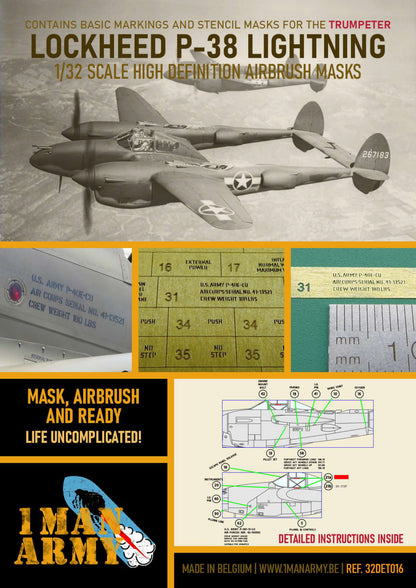 1ManArmy Trumpeter Lockheed P-38 Lightning 1/32 Basic Markings & Stencil High-Definition Paint Masks, 32DET016