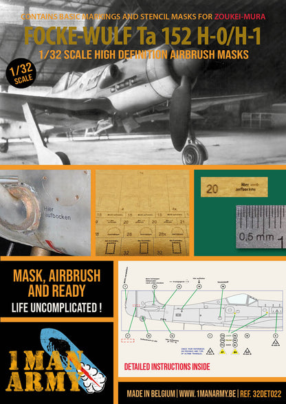 1ManArmy Zoukei-Mura Focke-Wulf Ta 152 H-0/H-1 1/32 Basic Markings & Stencil High-Definition Paint Masks, 32DET022