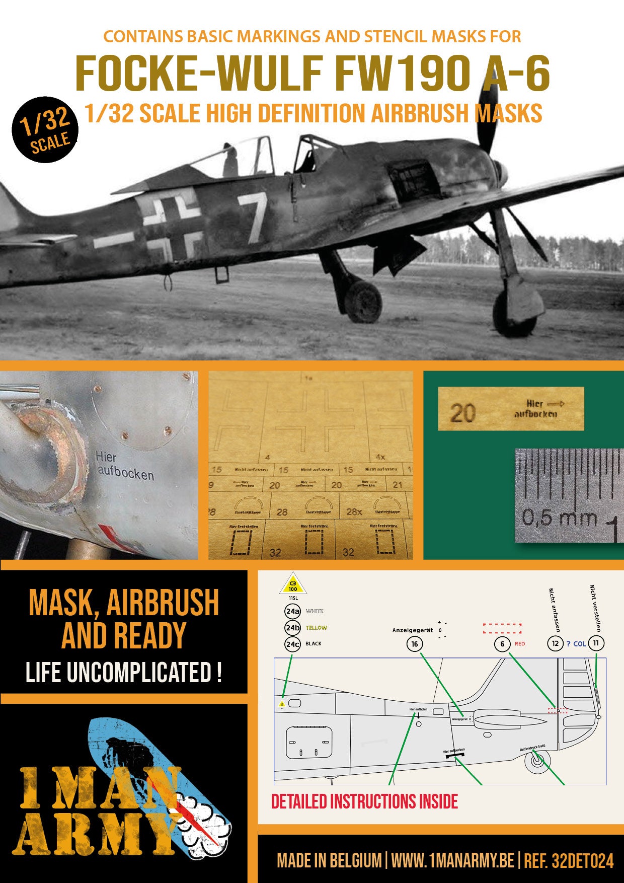 1ManArmy Focke-Wulf FW190 A-6 1/32 Basic Markings & Stencil High-Definition Paint Masks, 32DET024