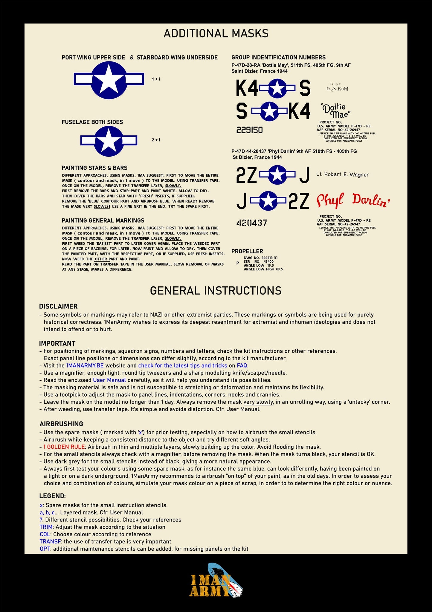 1ManArmy Republic P-47D Thunderbolt "Bubbletop" 1/32 Basic Markings & Stencil High-Definition Paint Masks, 32DET027