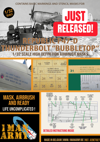 1ManArmy Republic P-47D Thunderbolt "Bubbletop" 1/32 Basic Markings & Stencil High-Definition Paint Masks, 32DET027