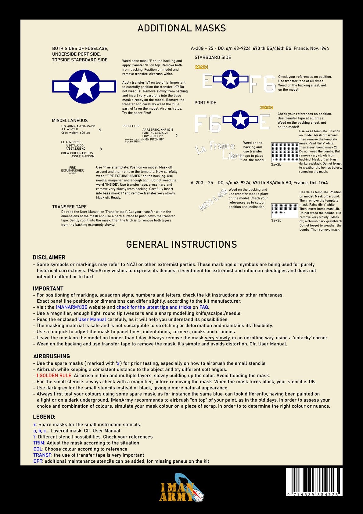 1ManArmy HK Models A-20G Havoc Over Europe 1/32 Basic Markings & Stencil High-Definition Paint Masks, 32DET028