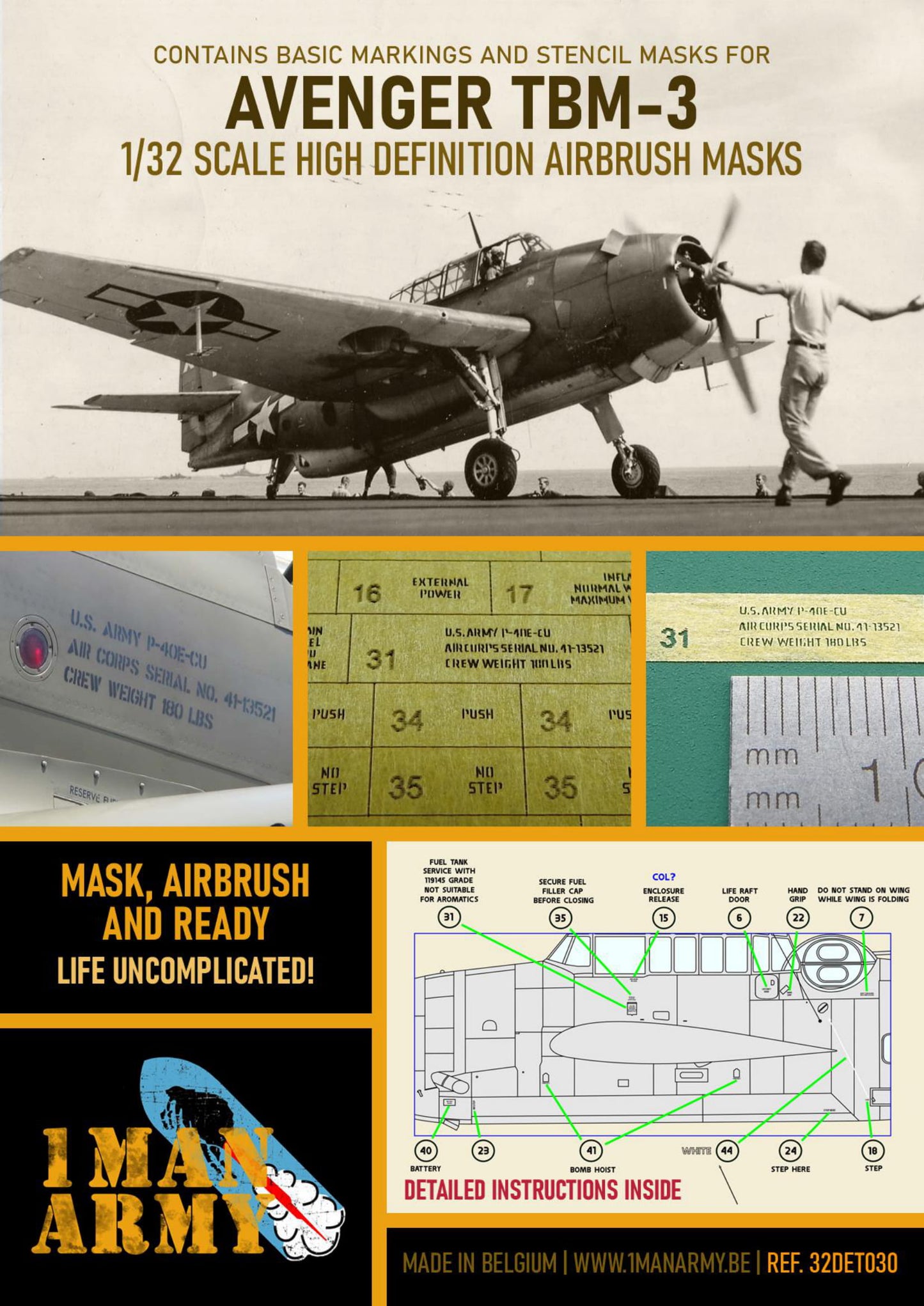 1ManArmy Avenger TBM-3 1/32 Basic Markings & Stencil High-Definition Paint Masks, 32DET030