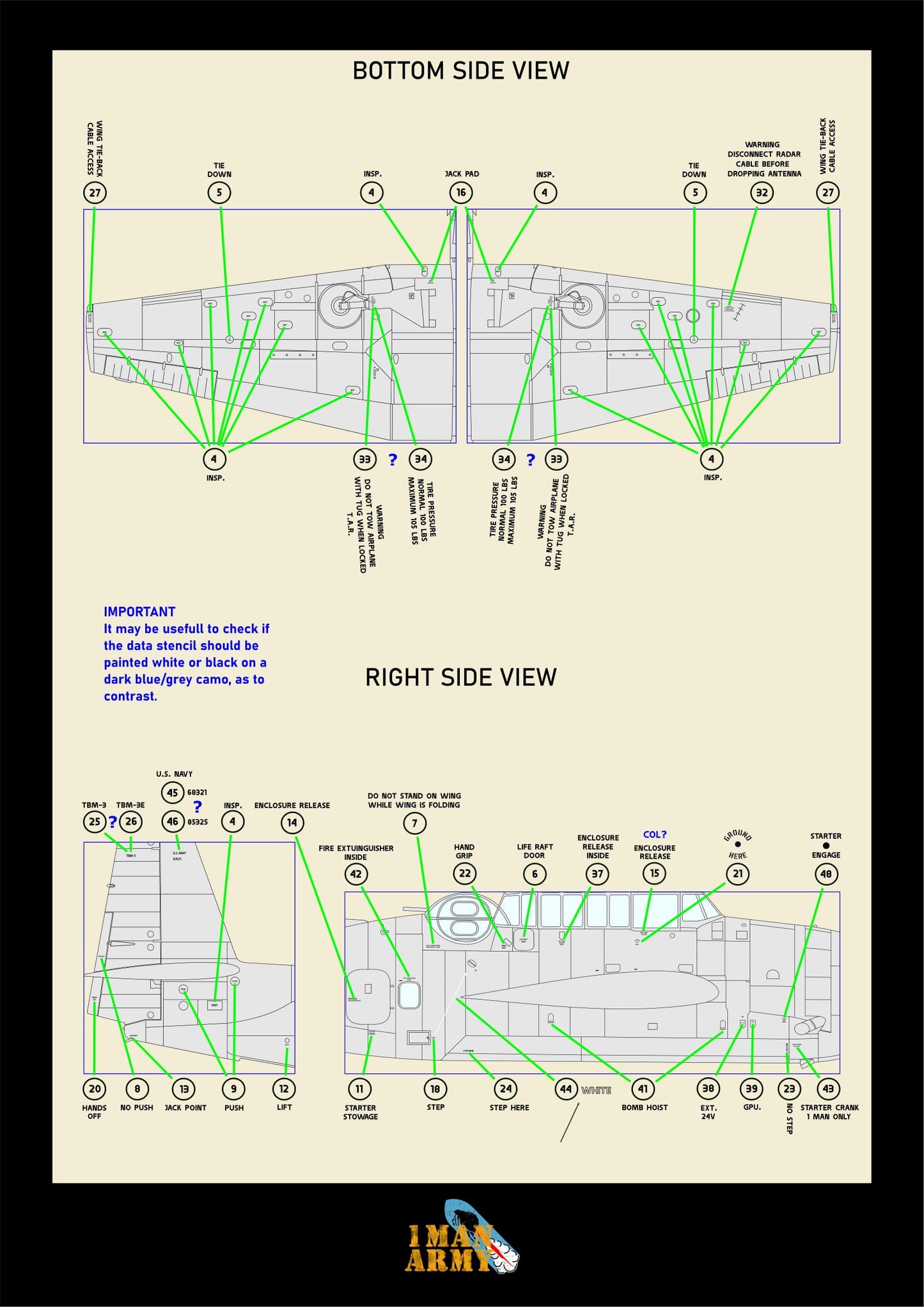 1ManArmy Avenger TBM-3 1/32 Basic Markings & Stencil High-Definition Paint Masks, 32DET030