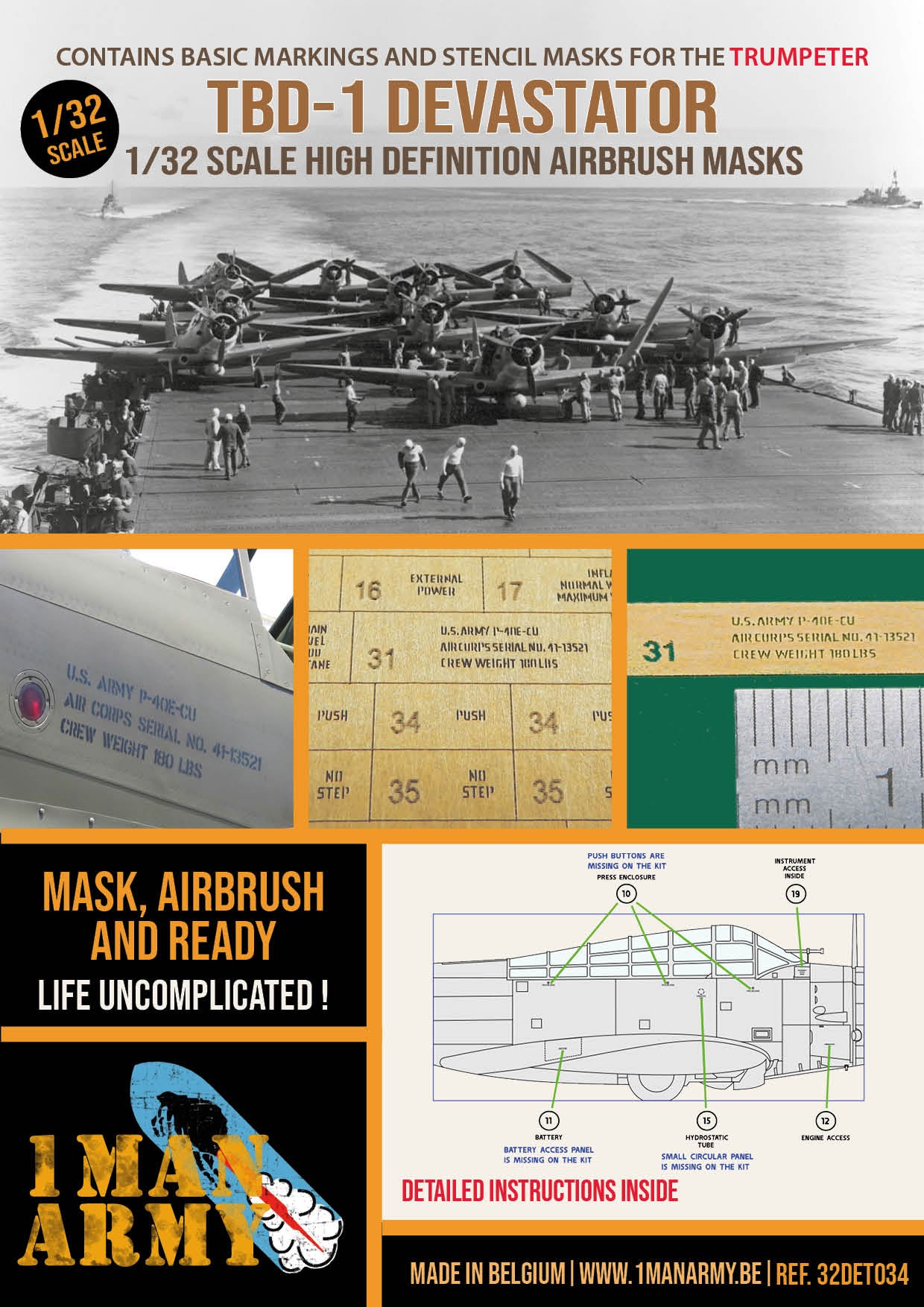 1ManArmy Trumpeter TBD-1 Devastator 1/32 Basic Markings & Stencil High-Definition Paint Masks, 32DET034