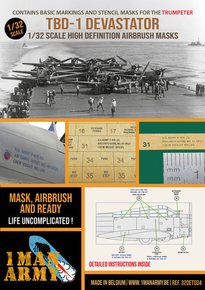 1ManArmy Trumpeter TBD-1 Devastator 1/32 Basic Markings & Stencil High-Definition Paint Masks, 32DET034