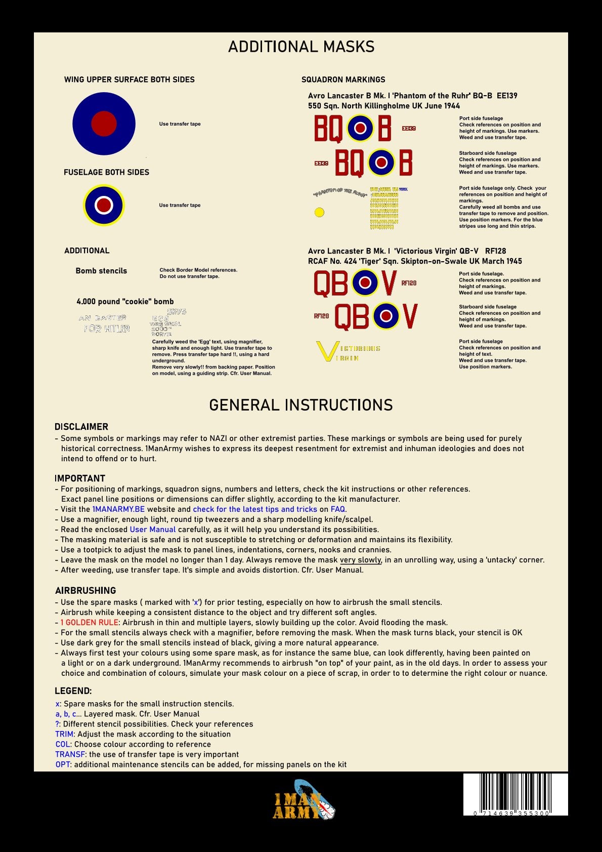 1ManArmy Border Model Avro Lancaster B Mk.I 1/32 Basic Markings & Stencil High-Definition Paint Masks, 32DET042