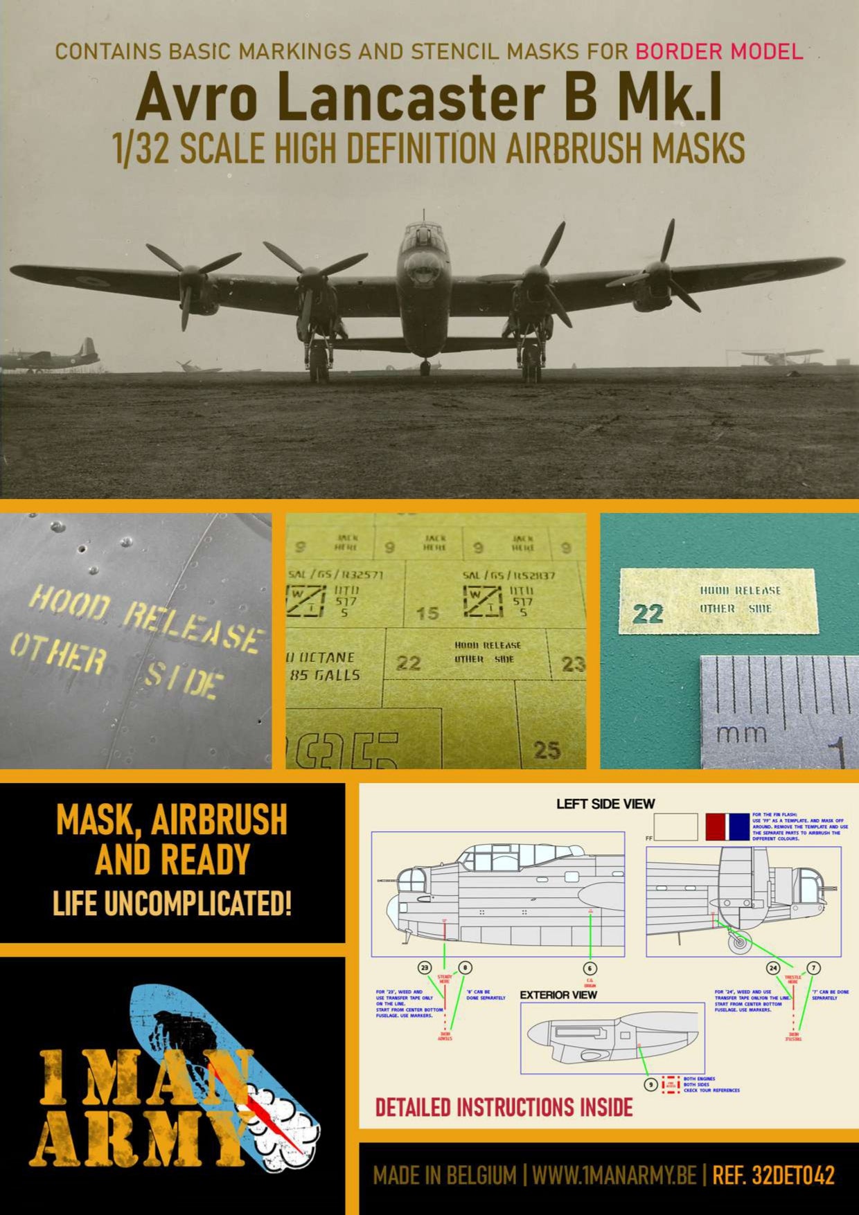 1ManArmy Border Model Avro Lancaster B Mk.I 1/32 Basic Markings & Stencil High-Definition Paint Masks, 32DET042