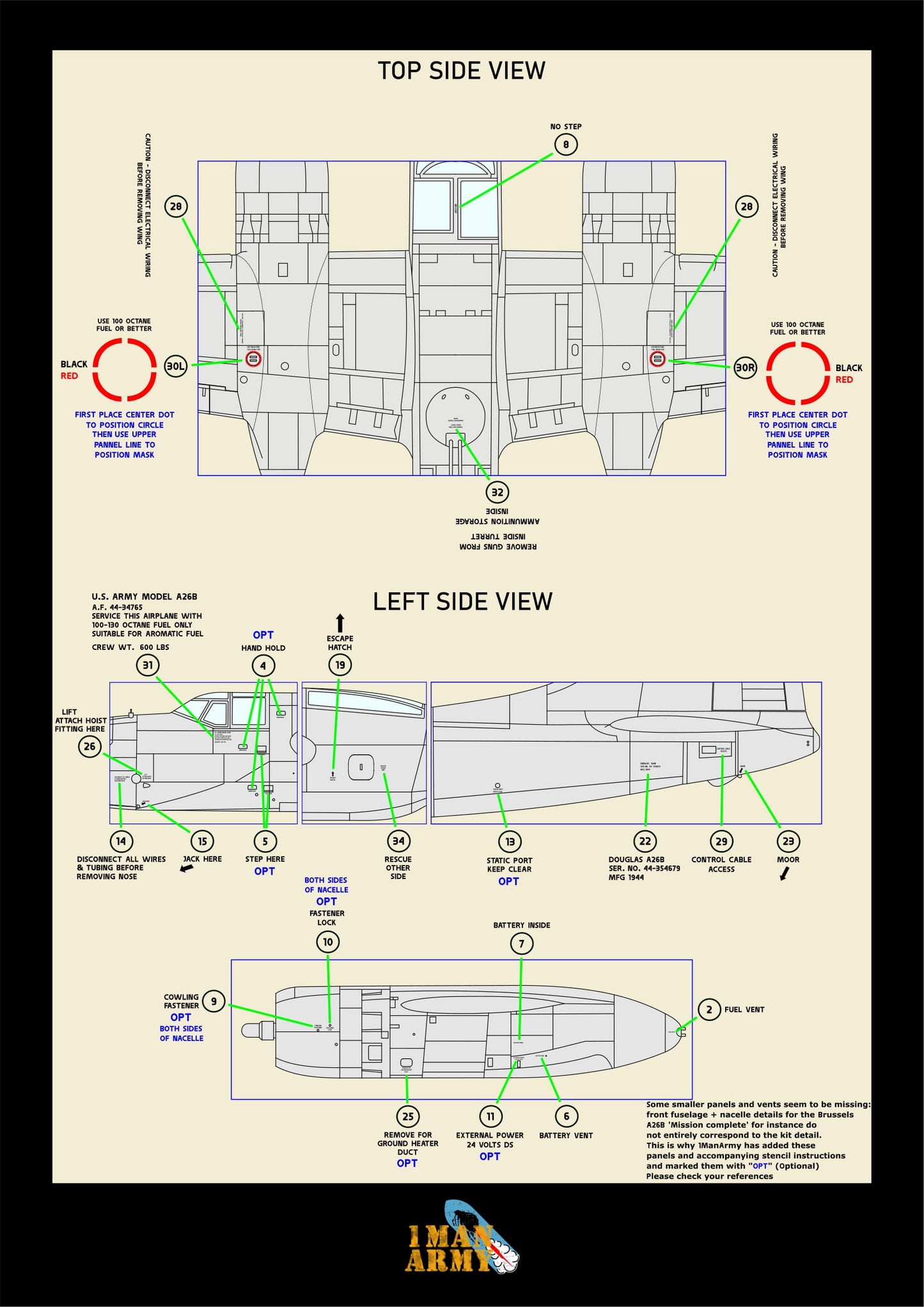 1ManArmy Hobby Boss A-26B Invader 1/32 Basic Markings & Stencil High-Definition Paint Masks, 32DET044
