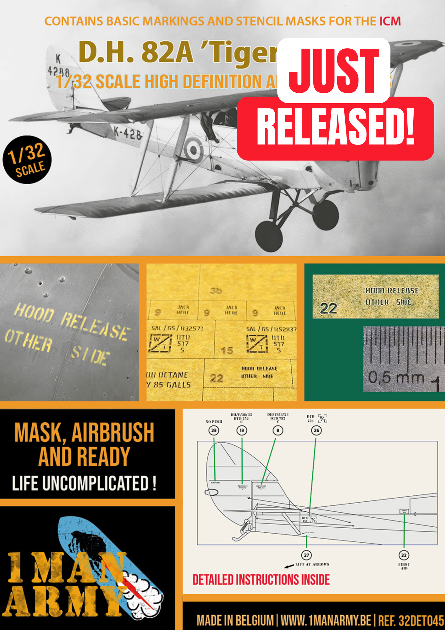 1ManArmy ICM D.H. 82A 'Tiger Moth' 1/32 Basic Markings & Stencil High-Definition Paint Masks, 32DET045