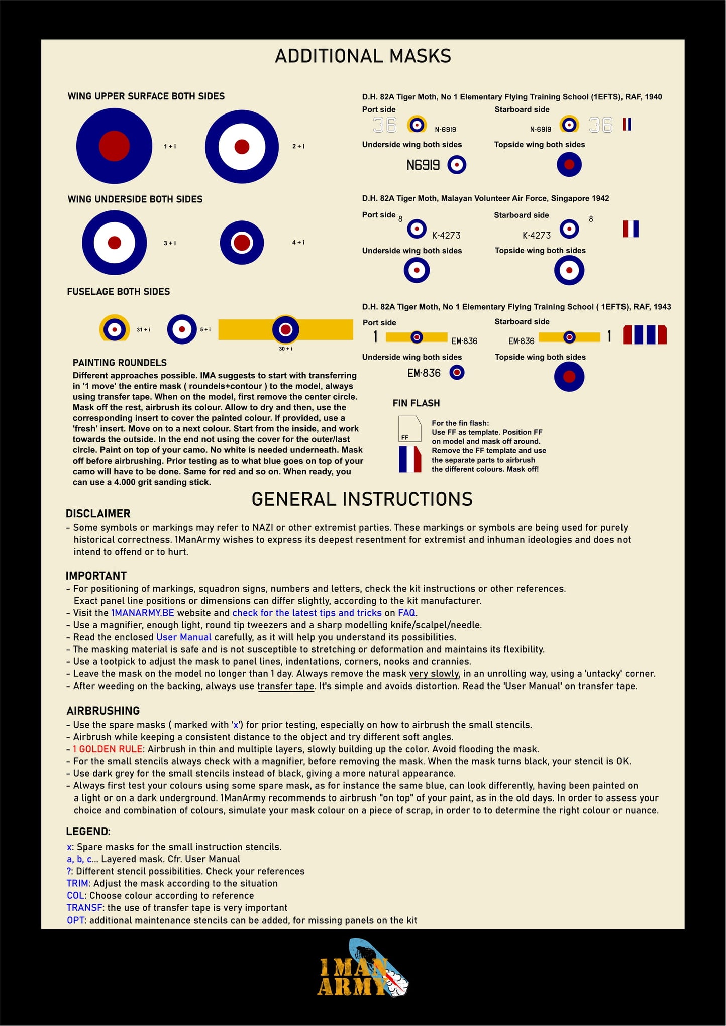 1ManArmy ICM D.H. 82A 'Tiger Moth' 1/32 Basic Markings & Stencil High-Definition Paint Masks, 32DET045