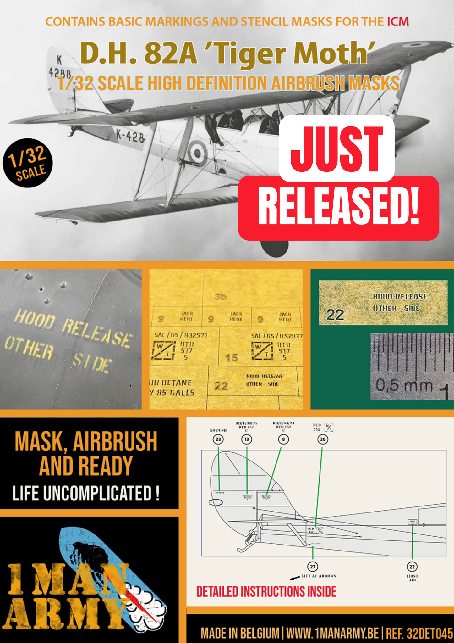 1ManArmy ICM D.H. 82A 'Tiger Moth' 1/32 Basic Markings & Stencil High-Definition Paint Masks, 32DET045
