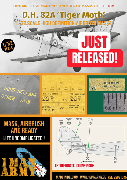 1ManArmy ICM D.H. 82A 'Tiger Moth' 1/32 Basic Markings & Stencil High-Definition Paint Masks, 32DET045