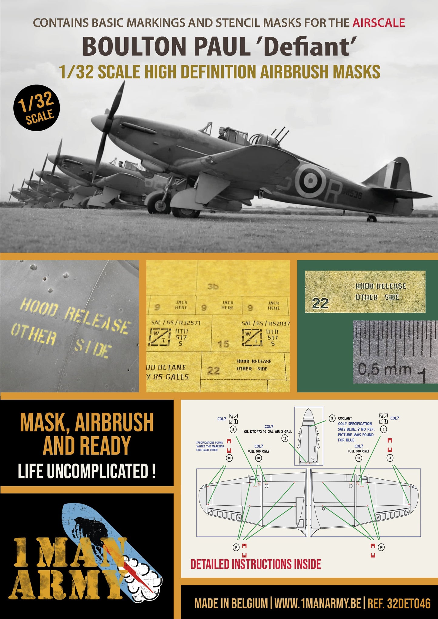 1ManArmy Airscale Boulton Paul 'Defiant' 1/32 Basic Markings & Stencil High-Definition Paint Masks, 32DET046