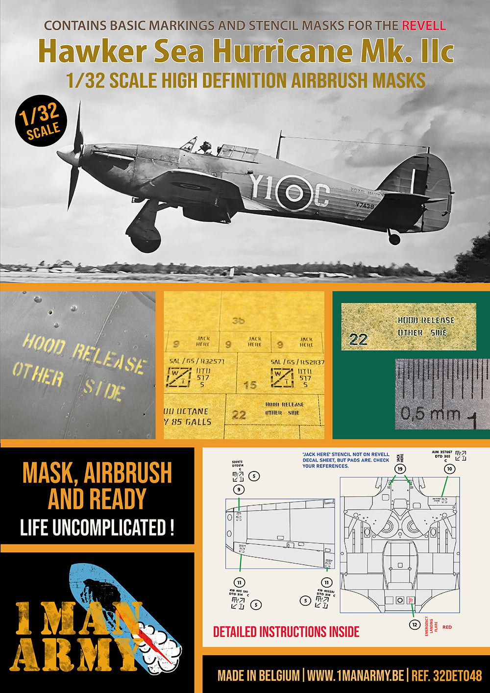 1ManArmy Revell Hawker Sea Hurricane Mk.IIc 1/32 Basic Markings & Stencil High-Definition Paint Masks, 32DET048