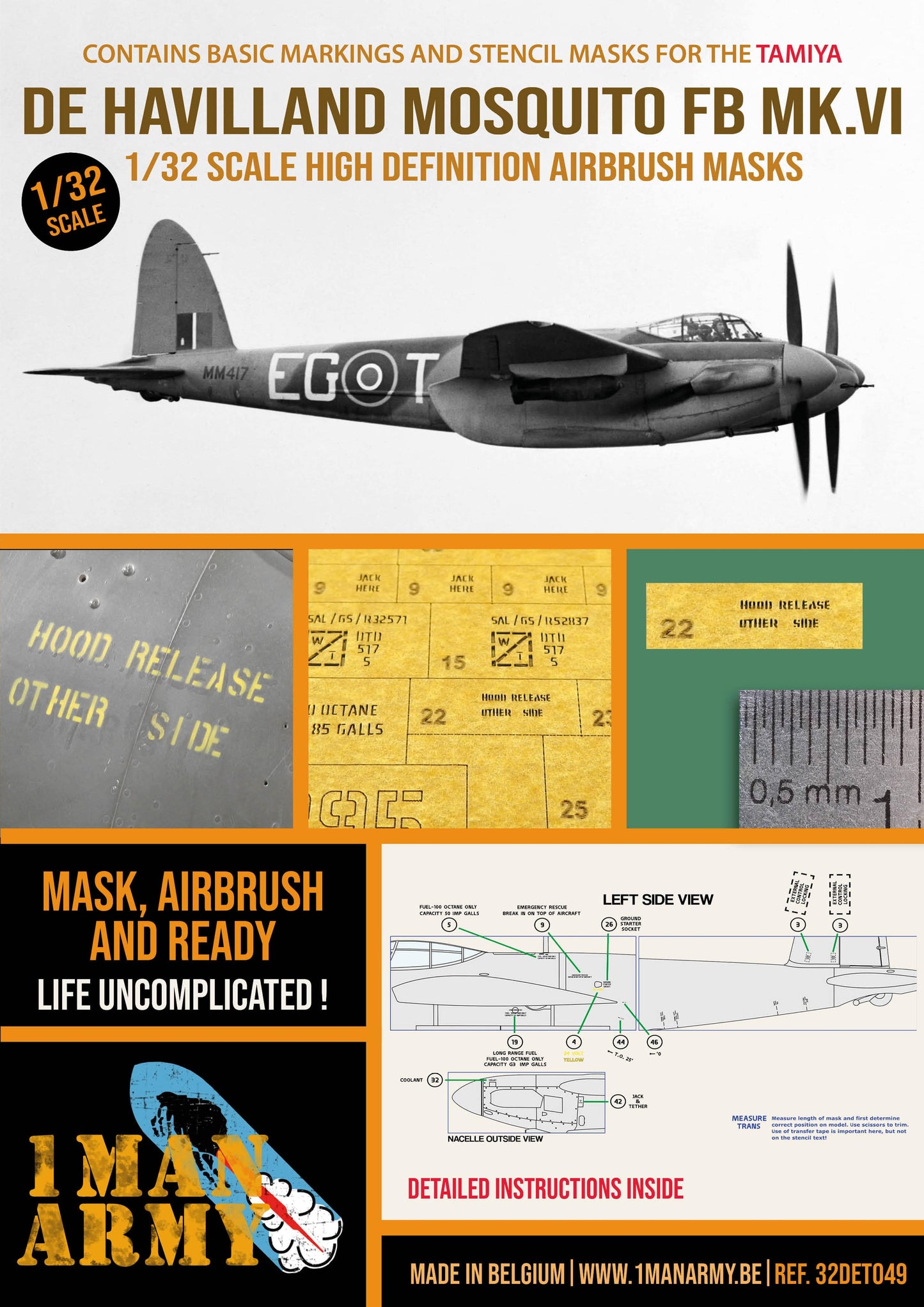 1ManArmy Tamiya De Havilland Mosquito FB MK.VI 1/32 Basic Markings & Stencil High-Definition Paint Masks, 32DET049