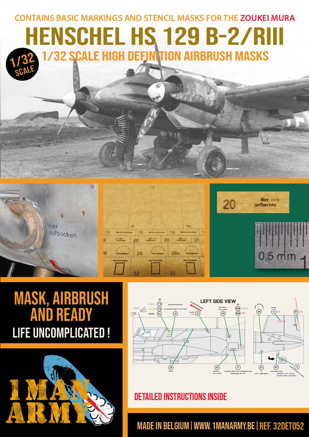 1ManArmy Zoukei-Mura Henschel HS 129 B-2/RIII 1/32 Basic Markings & Stencil High-Definition Paint Masks, 32DET052