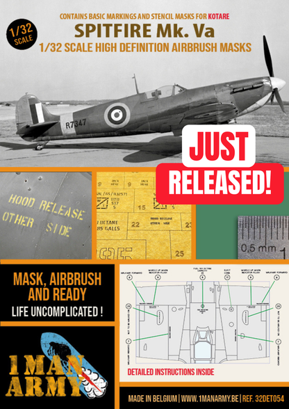 1ManArmy Kotare Spitfire Mk.Va 1/32 Basic Markings & Stencil High Definition Paint Masks, 32DET054