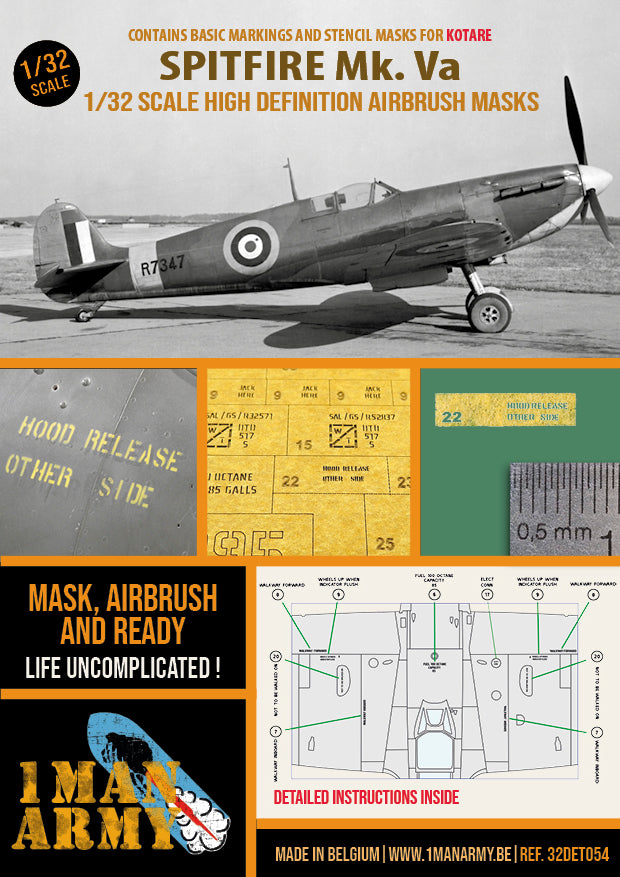 1ManArmy Kotare Spitfire Mk.Va 1/32 Basic Markings & Stencil High Definition Paint Masks, 32DET054