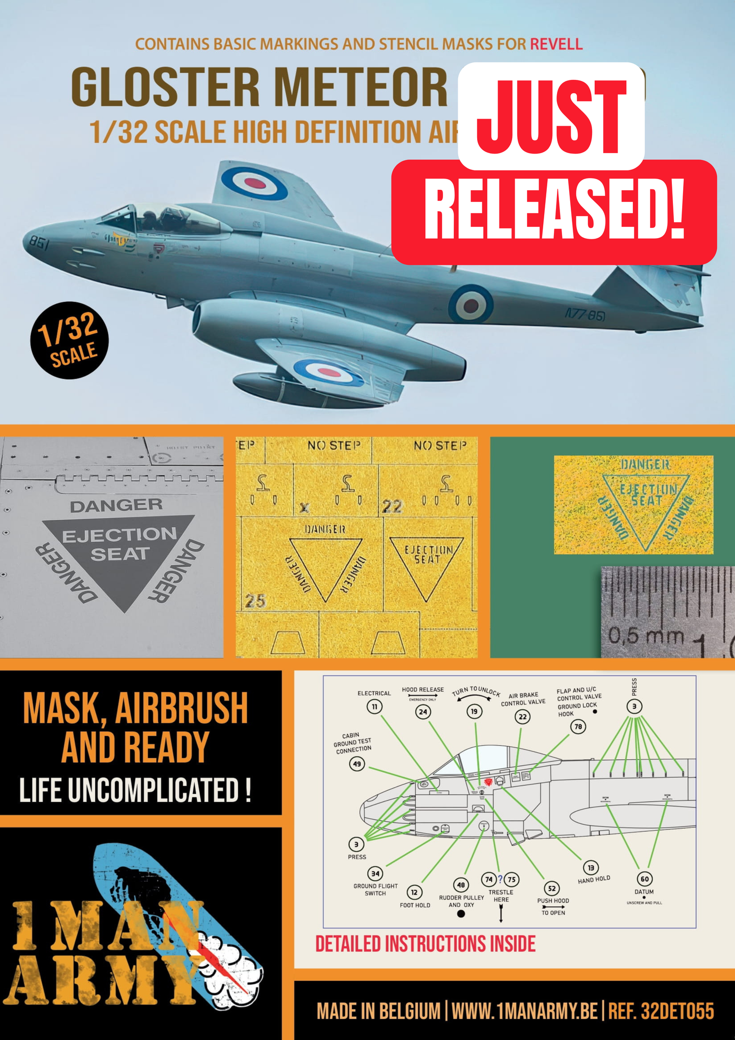 1ManArmy Revell Gloster Meteor F.8/FR.9 1/32 Basic Markings & Stencil High-Definition Paint Masks, 32DET055
