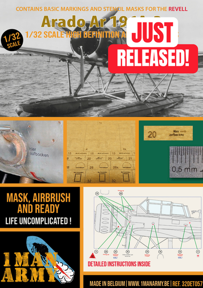 1ManArmy Revell Arado Ar 196A-3 1/32 Basic Markings & Stencil High-Definition Paint Masks, 32DET057