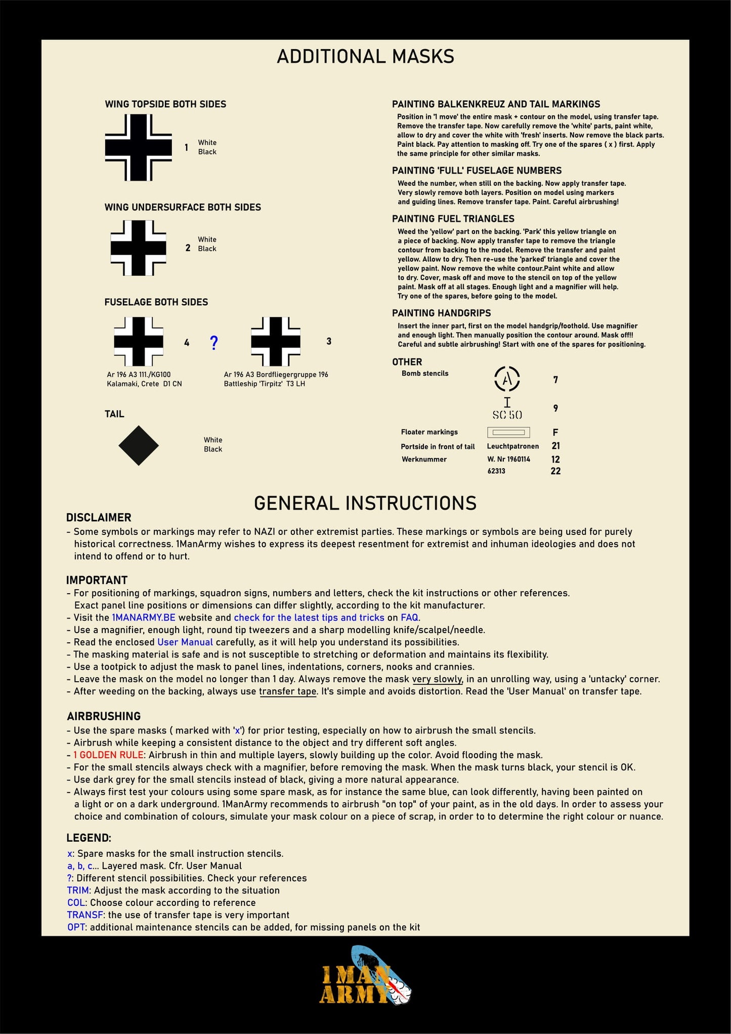 1ManArmy Revell Arado Ar 196A-3 1/32 Basic Markings & Stencil High-Definition Paint Masks, 32DET057