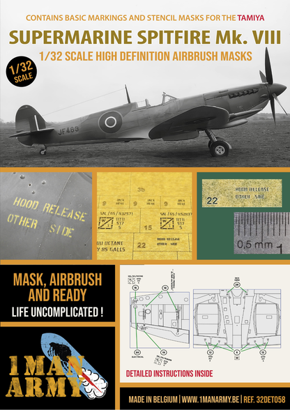 1ManArmy Tamiya Supermarine Spitfire Mk.VIII 1/32 Basic Markings & Stencil High-Definition Paint Masks, 32DET058