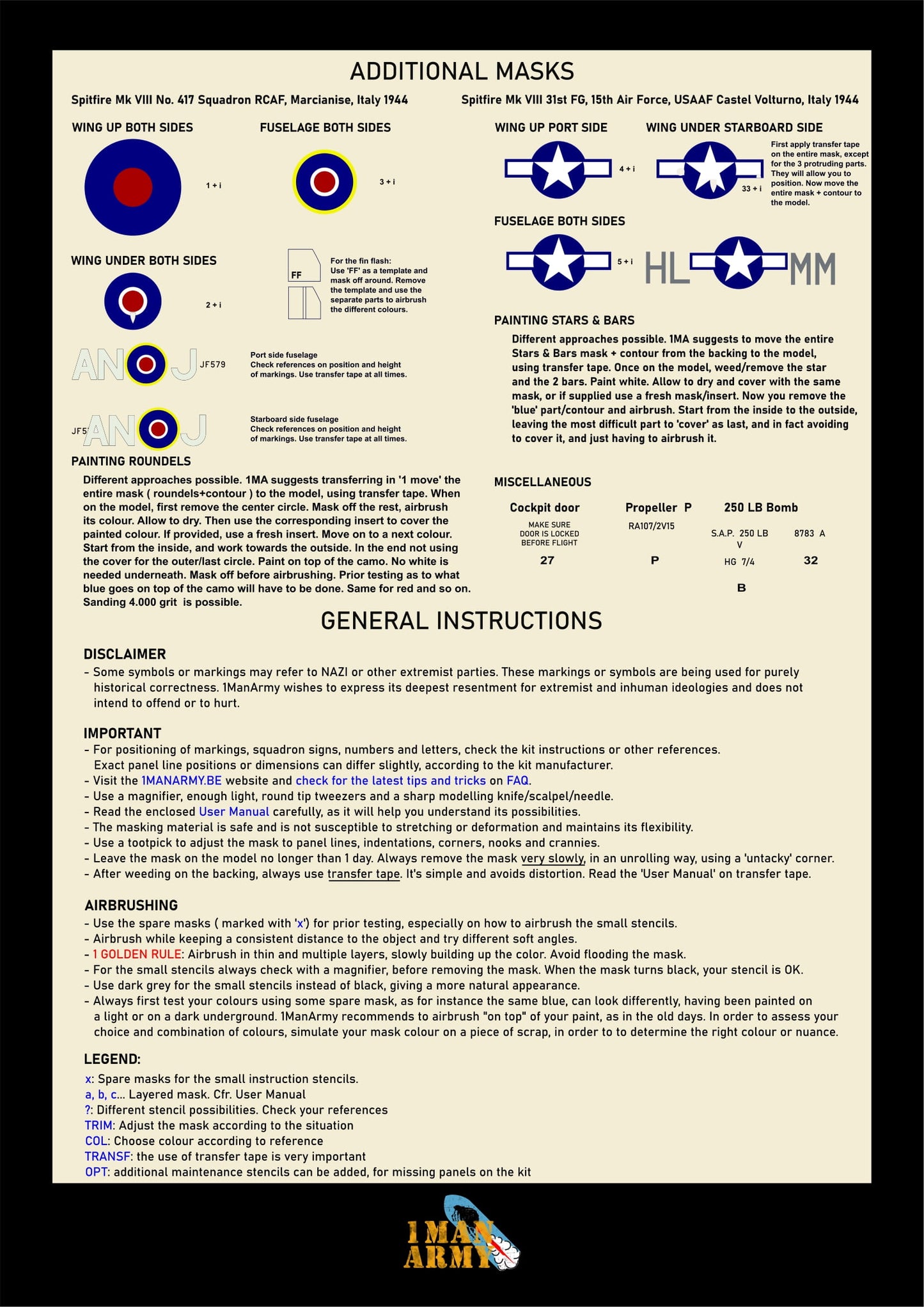 1ManArmy Tamiya Supermarine Spitfire Mk.VIII 1/32 Basic Markings & Stencil High-Definition Paint Masks, 32DET058