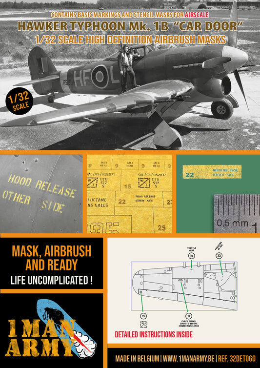Airscale Hawker Typhoon Mk.1B "Car Door" 1/32 Basic Markings & Stencil High Definition Paint Masks, 32DET060