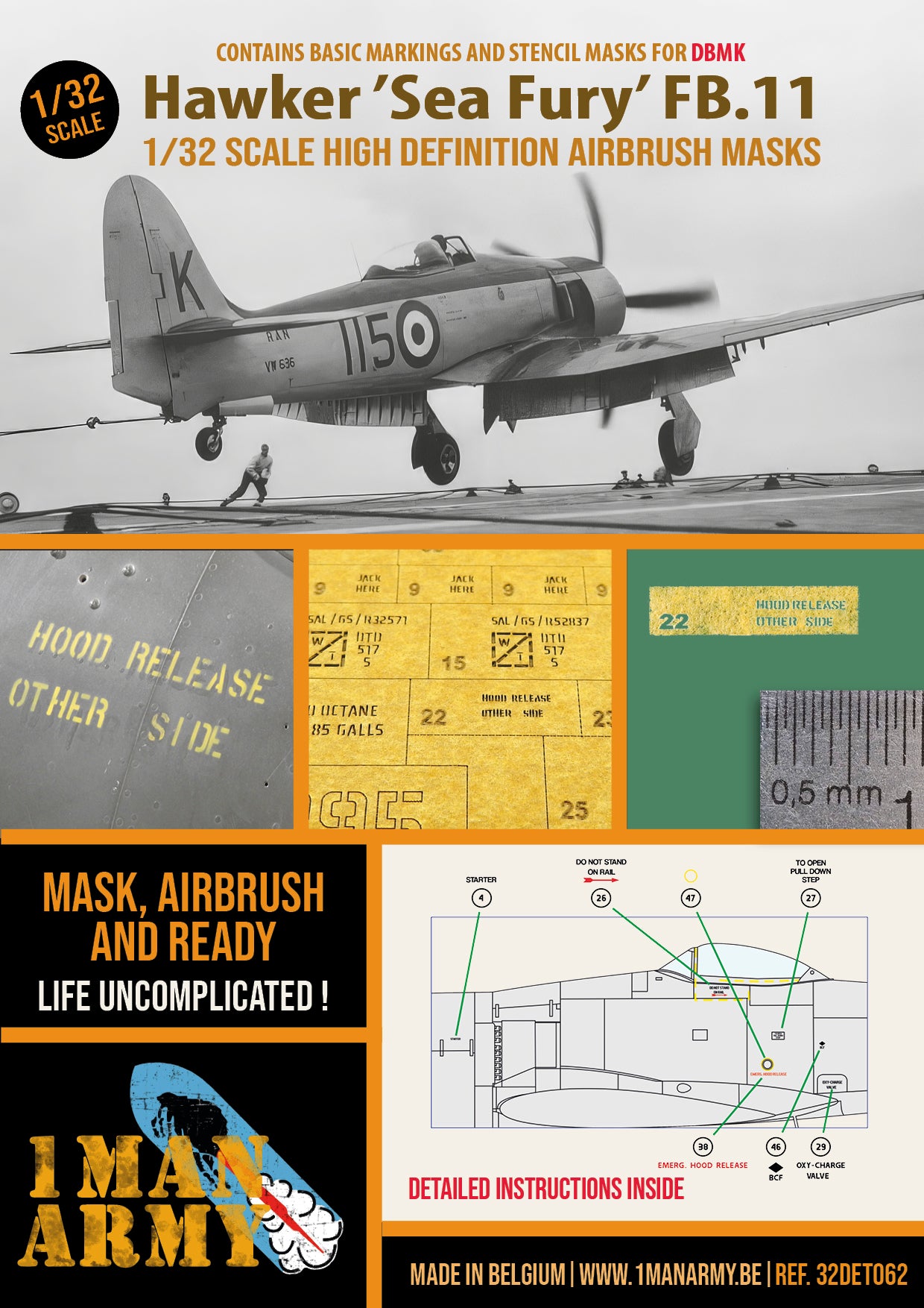DBMK Hawker "Sea Fury" FB.11 1/32 Basic Markings & Stencil High Definition Paint Masks (32DET062)