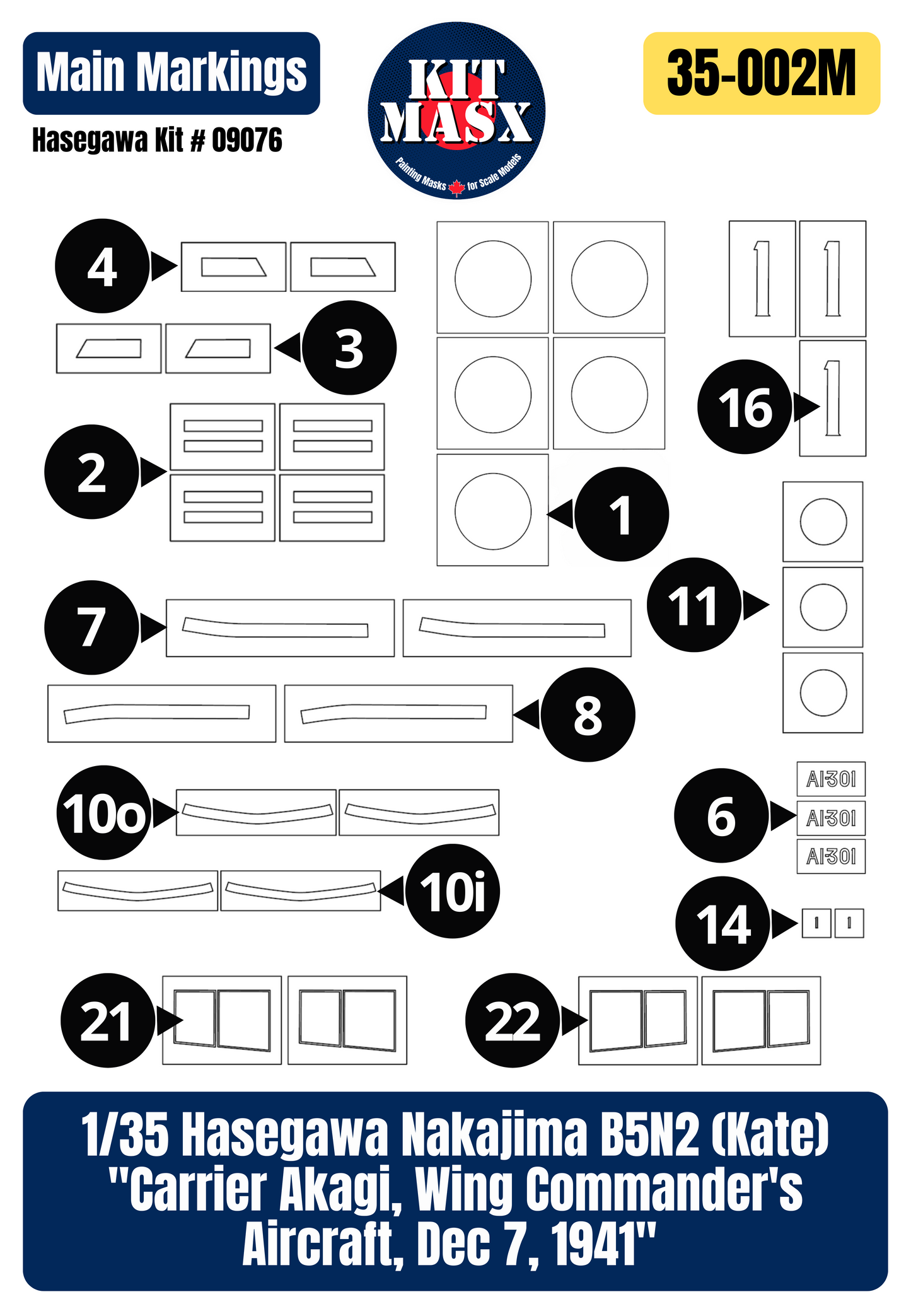Hasegawa Nakajima B5N2 (Kate) "Carrier Akagi, Wing Commander's Aircraft, Dec 7, 1941" 1/35 Main Marking Paint Masks, Kit # 09076