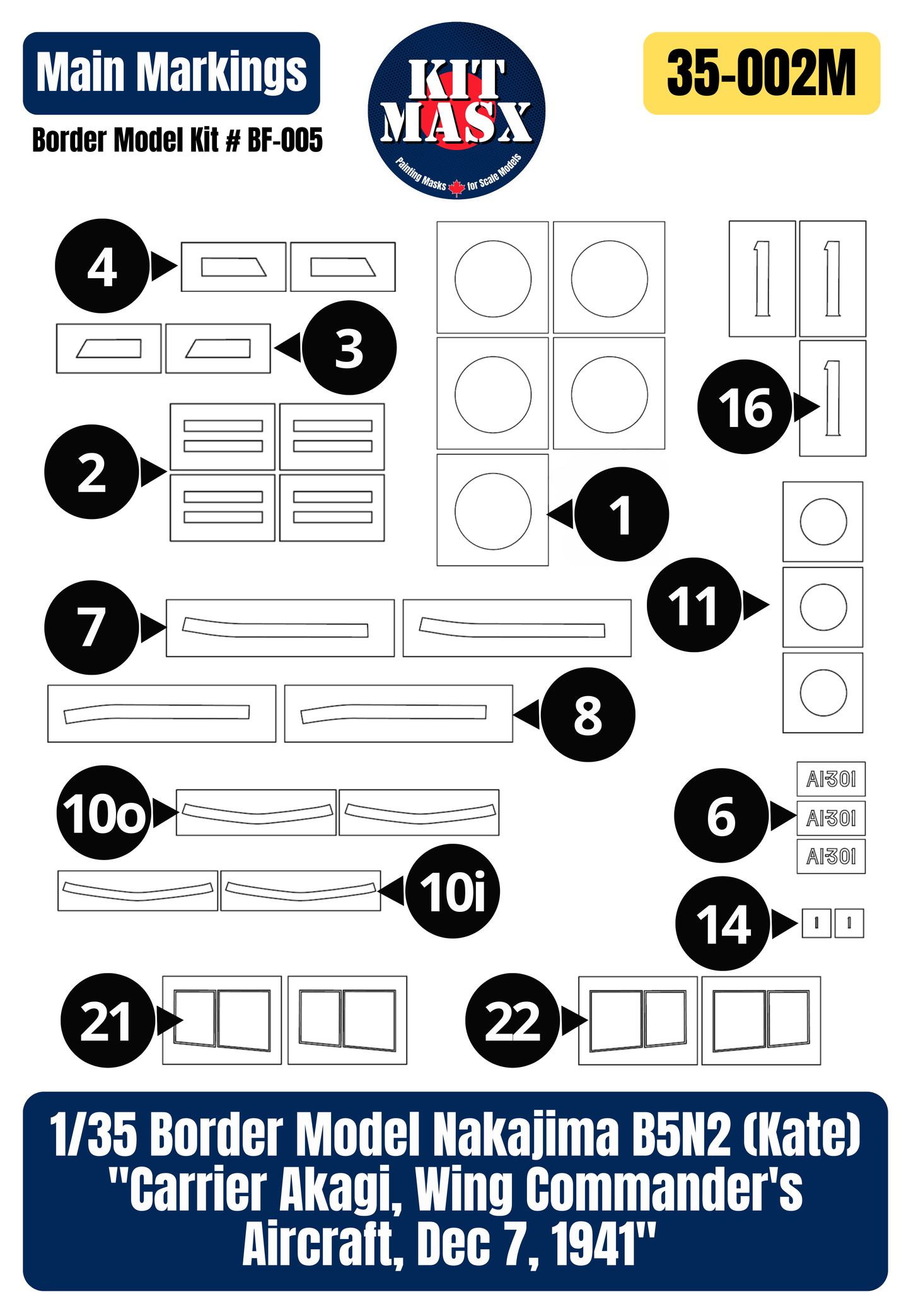 Border Model Nakajima B5N2 (Kate) "Carrier Akagi, Wing Commander's Aircraft, Dec 7, 1941" 1/35 Main Marking Paint Masks, Kit # BF-005