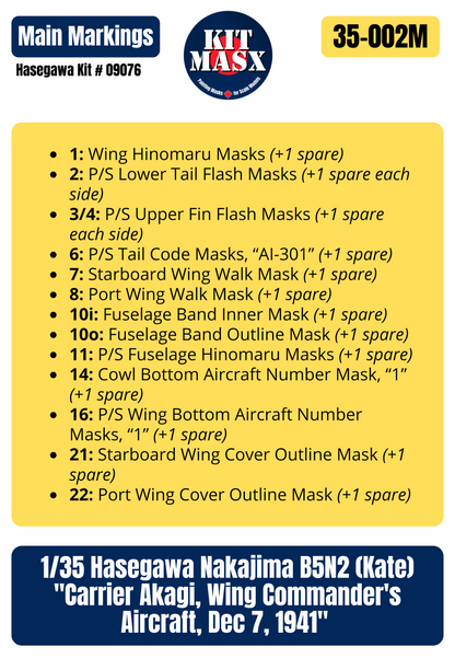 Hasegawa Nakajima B5N2 (Kate) "Carrier Akagi, Wing Commander's Aircraft, Dec 7, 1941" 1/35 Main Marking Paint Masks, Kit # 09076