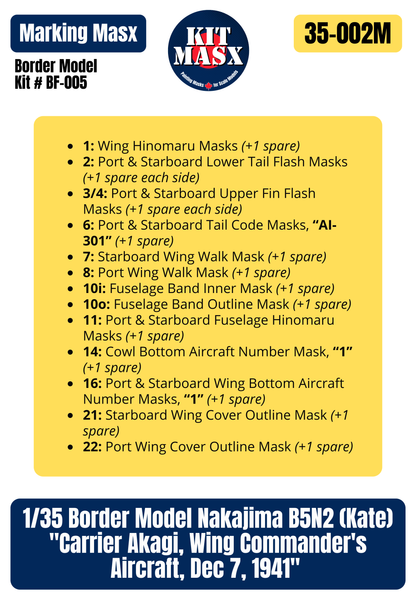 Border Model Nakajima B5N2 (Kate) "Carrier Akagi, Wing Commander's Aircraft, Dec 7, 1941" 1/35 Main Marking Paint Masks, Kit # BF-005