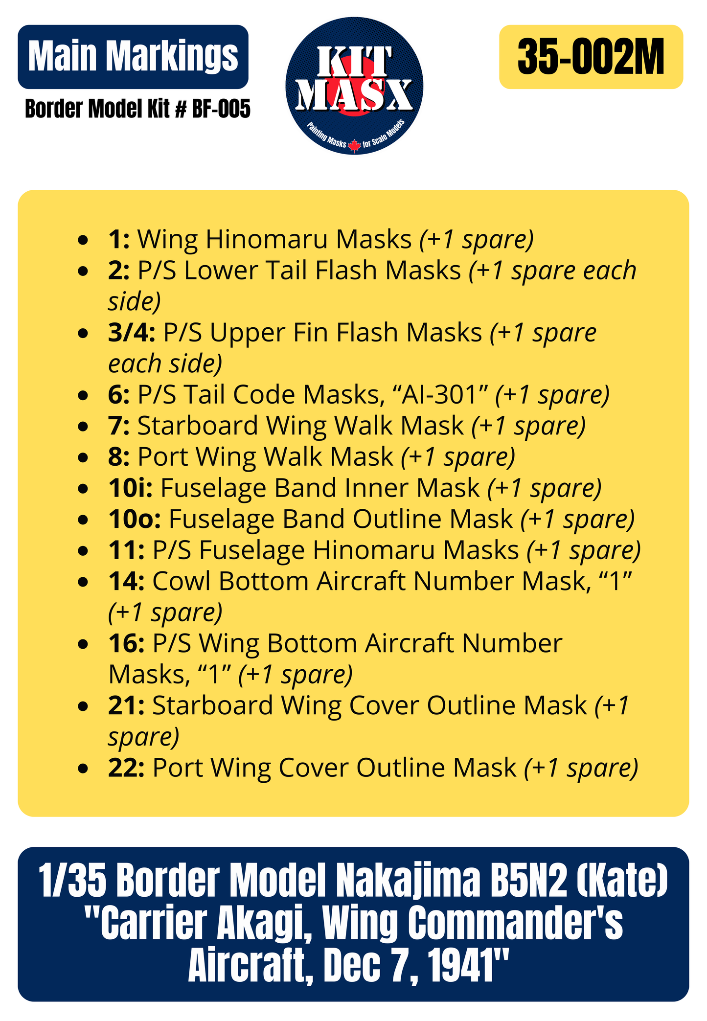 Border Model Nakajima B5N2 (Kate) "Carrier Akagi, Wing Commander's Aircraft, Dec 7, 1941" 1/35 Main Marking Paint Masks, Kit # BF-005