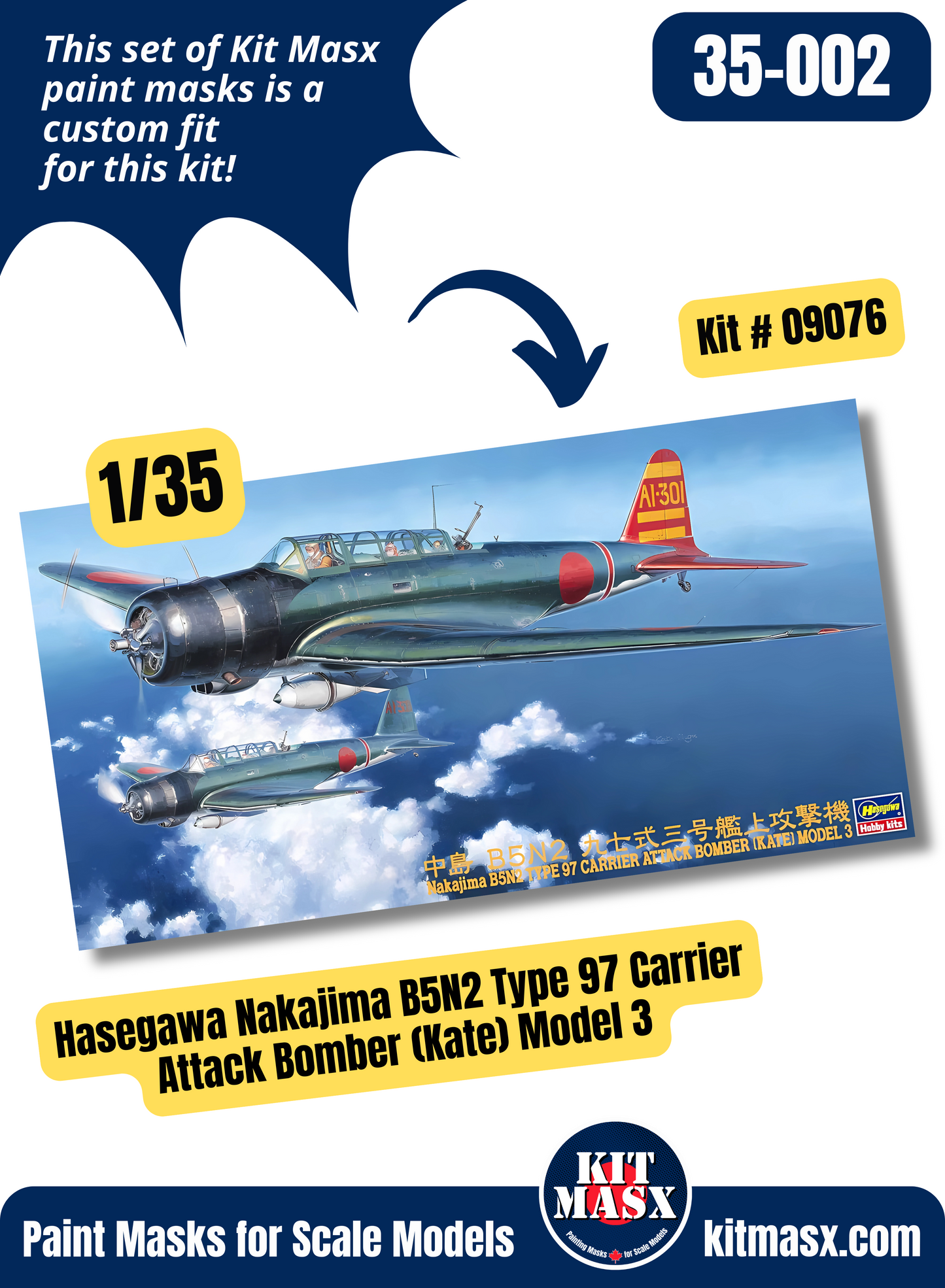 Hasegawa Nakajima B5N2 (Kate) "Carrier Akagi, Wing Commander's Aircraft, Dec 7, 1941" 1/35 Main Marking Paint Masks, Kit # 09076