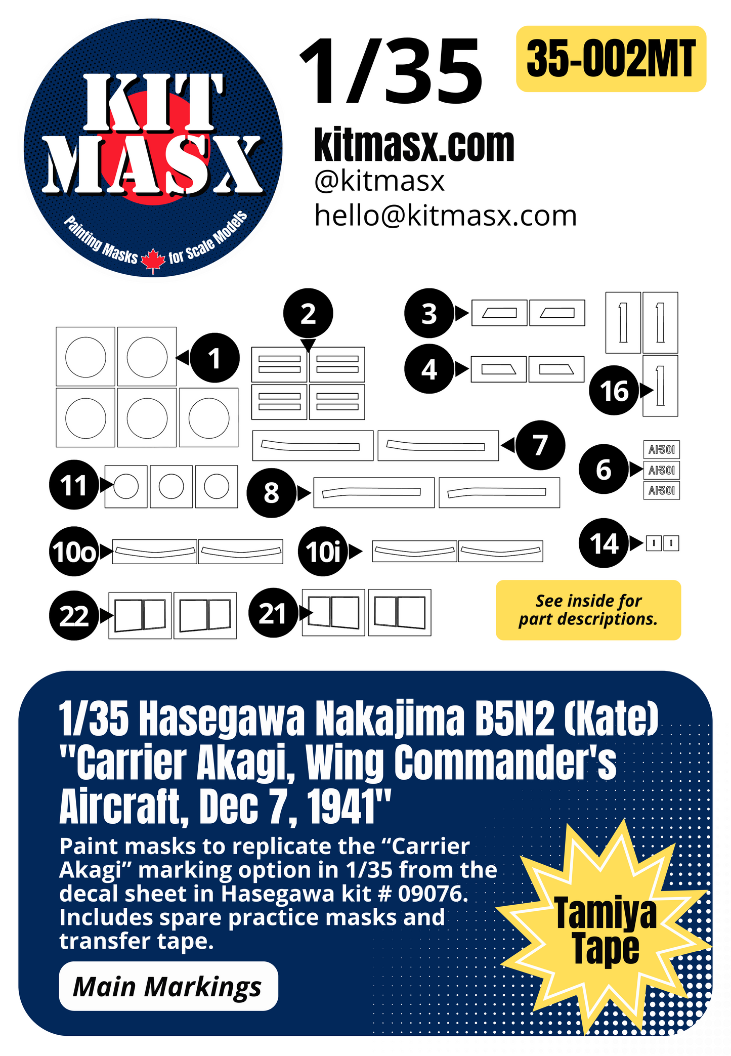 Hasegawa Nakajima B5N2 (Kate) "Carrier Akagi, Wing Commander's Aircraft, Dec 7, 1941" 1/35 Main Marking Paint Masks, Kit # 09076
