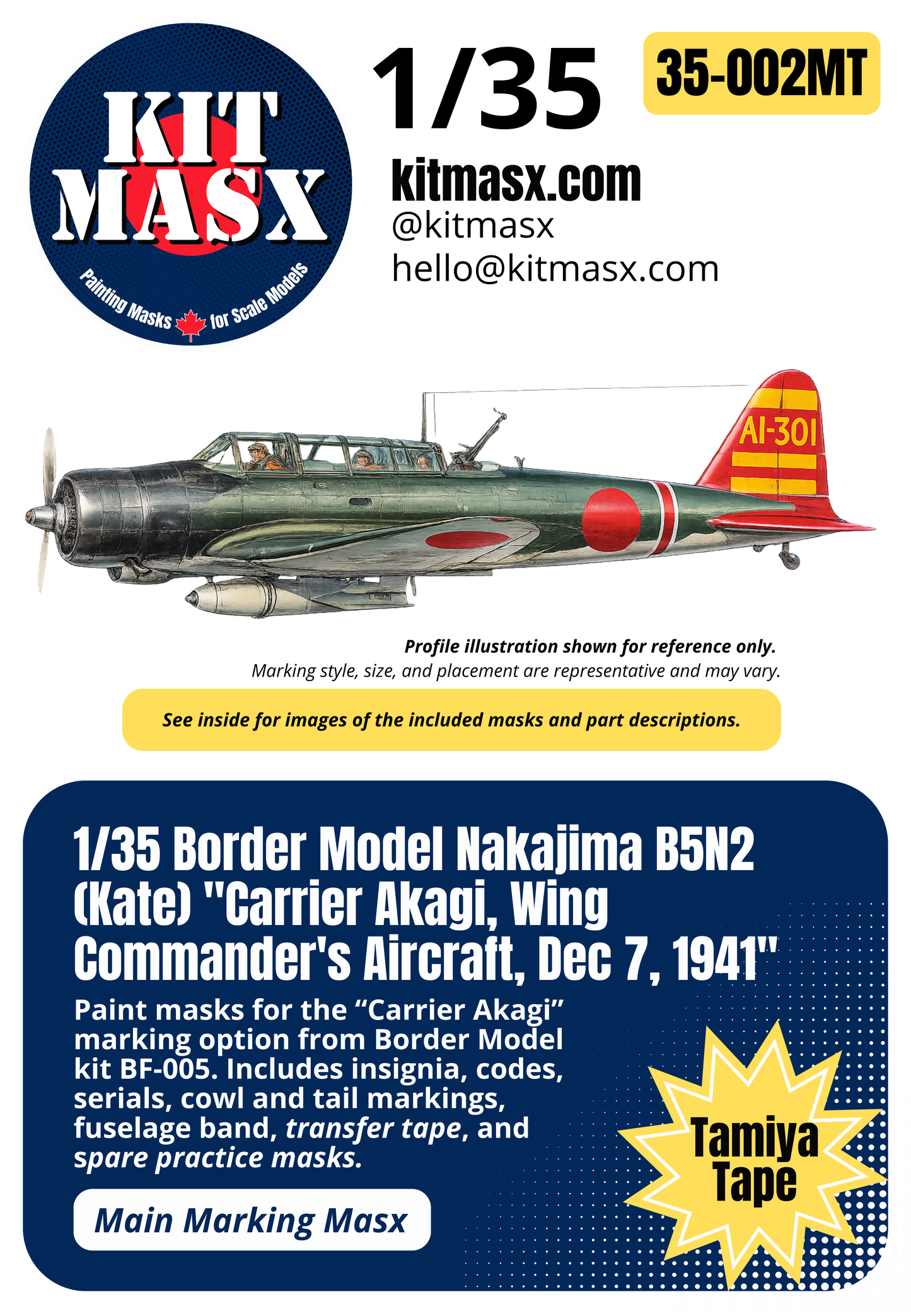 Border Model Nakajima B5N2 (Kate) "Carrier Akagi, Wing Commander's Aircraft, Dec 7, 1941" 1/35 Main Marking Paint Masks, Kit # BF-005