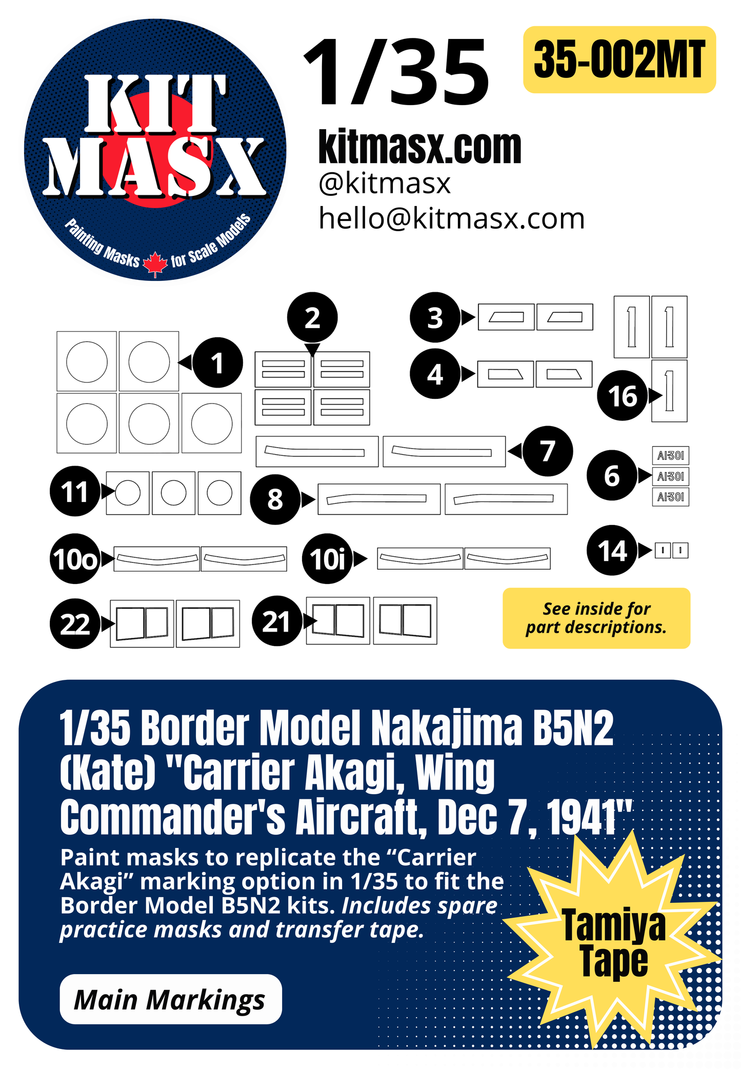 Border Model Nakajima B5N2 (Kate) "Carrier Akagi, Wing Commander's Aircraft, Dec 7, 1941" 1/35 Main Marking Paint Masks, Kit # BF-005