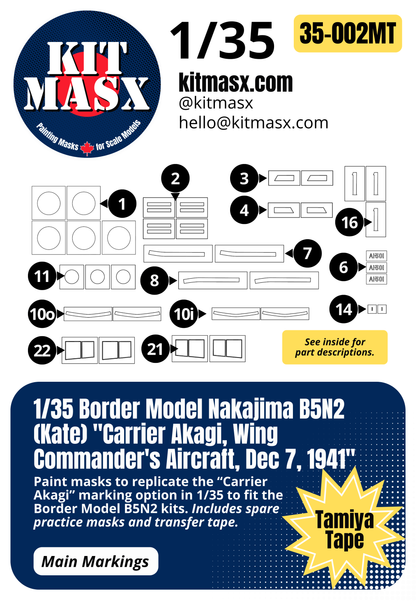 Border Model Nakajima B5N2 (Kate) "Carrier Akagi, Wing Commander's Aircraft, Dec 7, 1941" 1/35 Main Marking Paint Masks, Kit # BF-005
