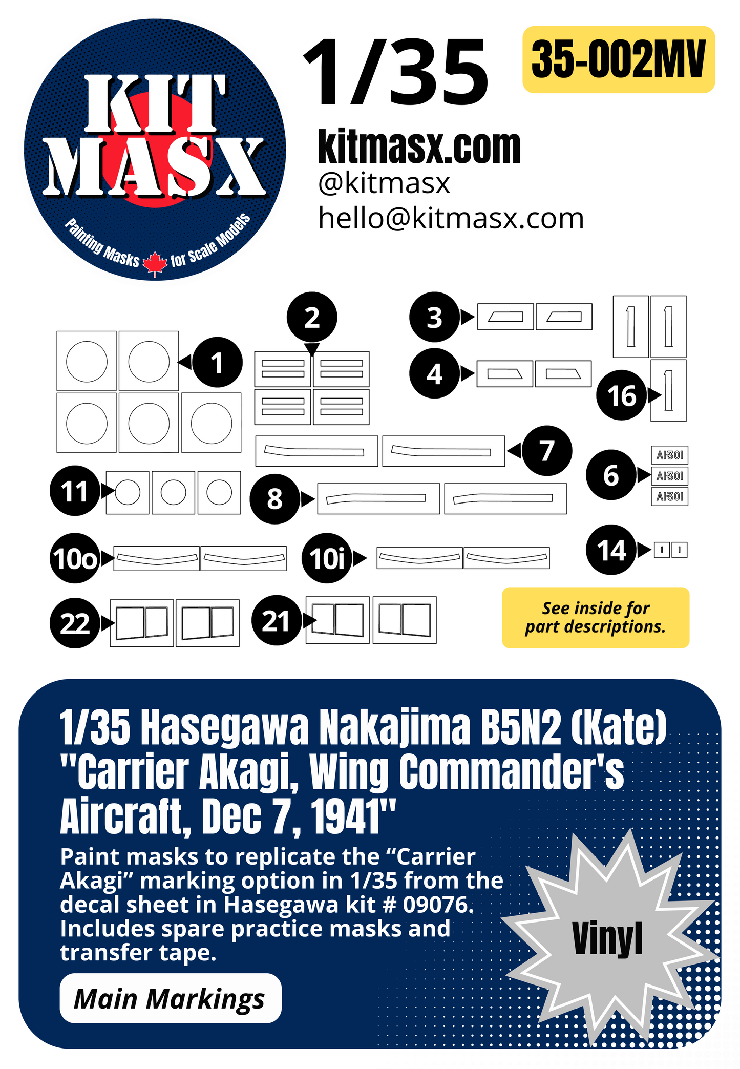 Hasegawa Nakajima B5N2 (Kate) "Carrier Akagi, Wing Commander's Aircraft, Dec 7, 1941" 1/35 Main Marking Paint Masks, Kit # 09076