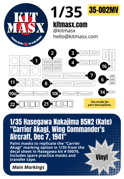 Hasegawa Nakajima B5N2 (Kate) "Carrier Akagi, Wing Commander's Aircraft, Dec 7, 1941" 1/35 Main Marking Paint Masks, Kit # 09076