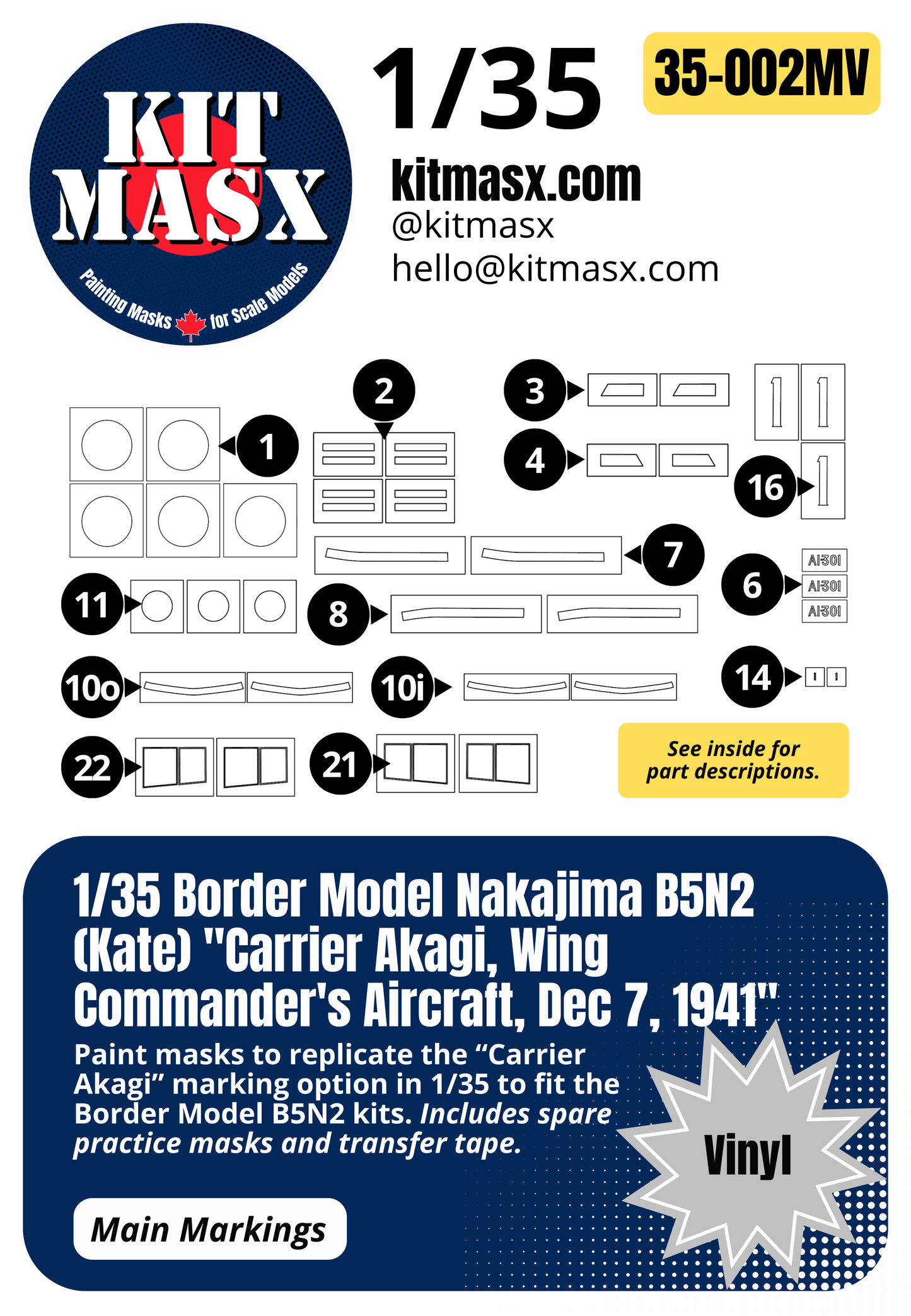 Border Model Nakajima B5N2 (Kate) "Carrier Akagi, Wing Commander's Aircraft, Dec 7, 1941" 1/35 Main Marking Paint Masks, Kit # BF-005