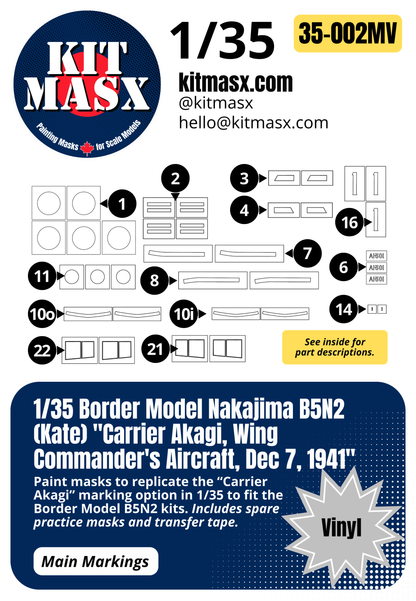 Border Model Nakajima B5N2 (Kate) "Carrier Akagi, Wing Commander's Aircraft, Dec 7, 1941" 1/35 Main Marking Paint Masks, Kit # BF-005