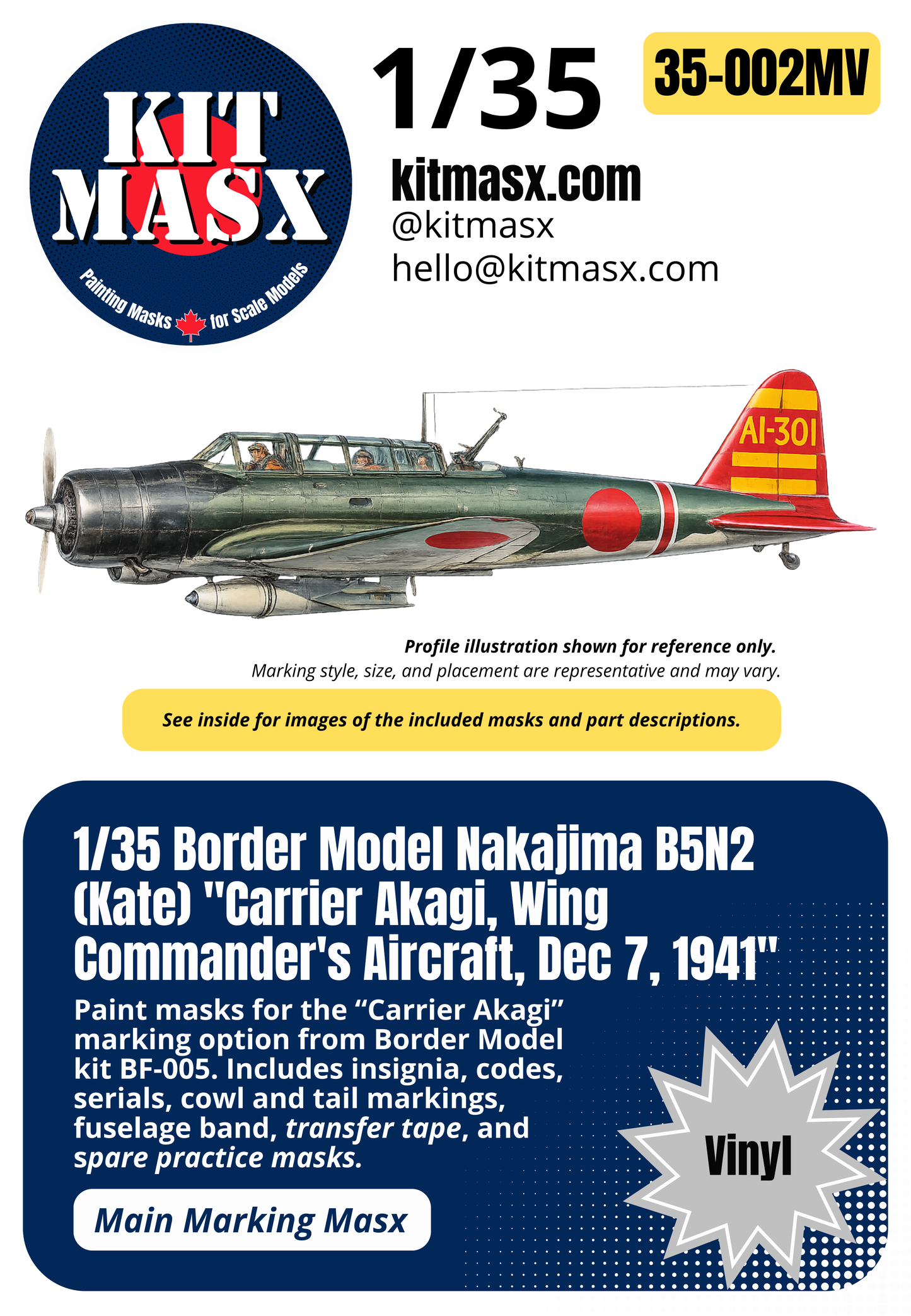 Border Model Nakajima B5N2 (Kate) "Carrier Akagi, Wing Commander's Aircraft, Dec 7, 1941" 1/35 Main Marking Paint Masks, Kit # BF-005