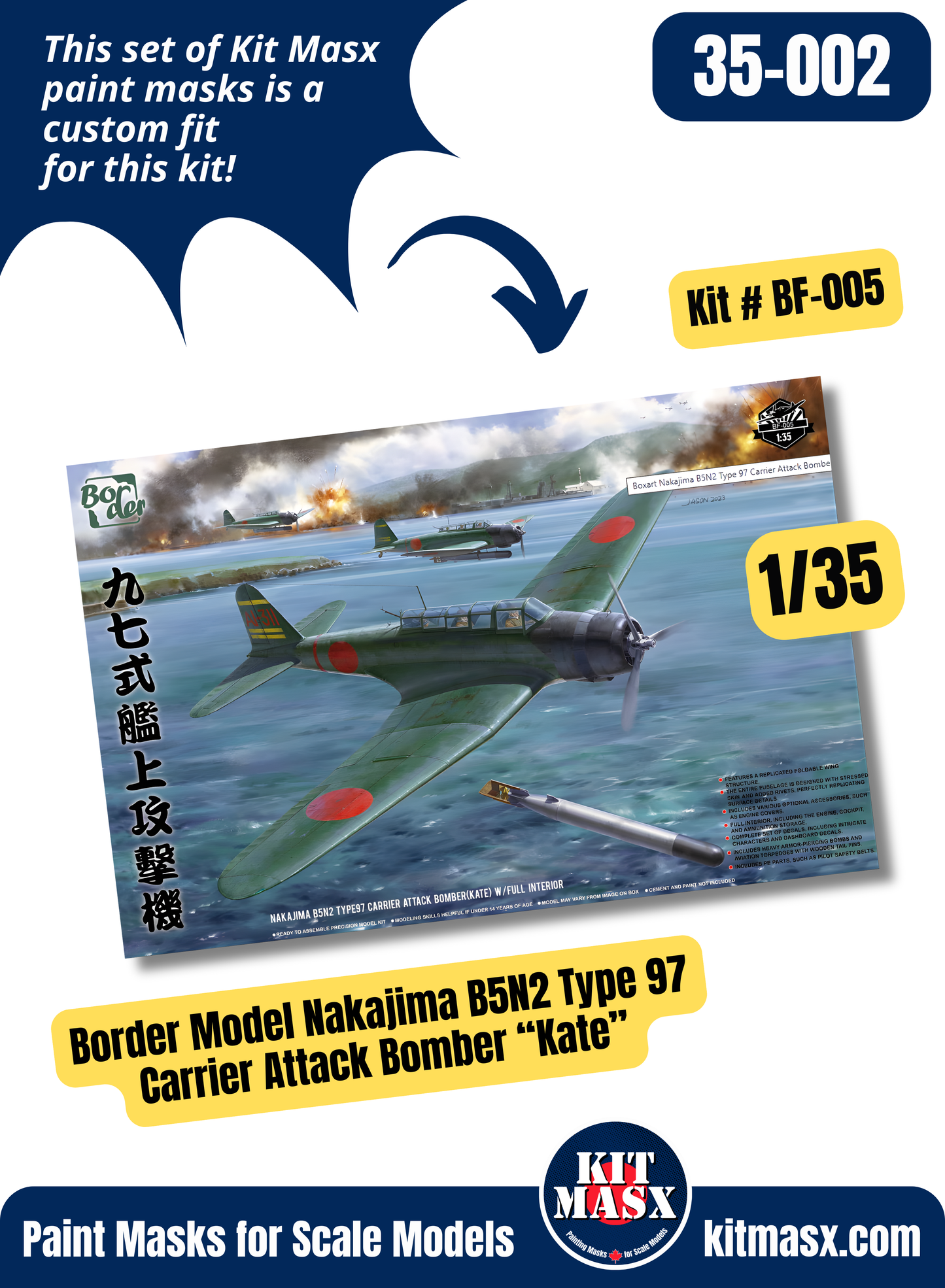 Border Model Nakajima B5N2 (Kate) "Carrier Akagi, Wing Commander's Aircraft, Dec 7, 1941" 1/35 Main Marking Paint Masks, Kit # BF-005